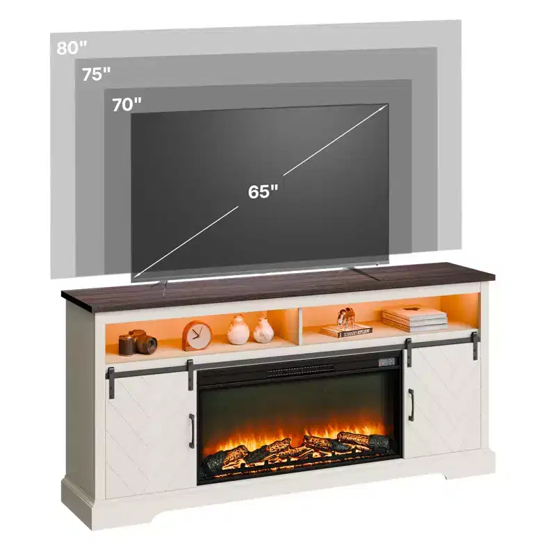 Farmhouse Fireplace TV Stand for TVs up to 80 Inch - Entertainment Center with 36 Inch Electric Fireplace & LED Lights, White