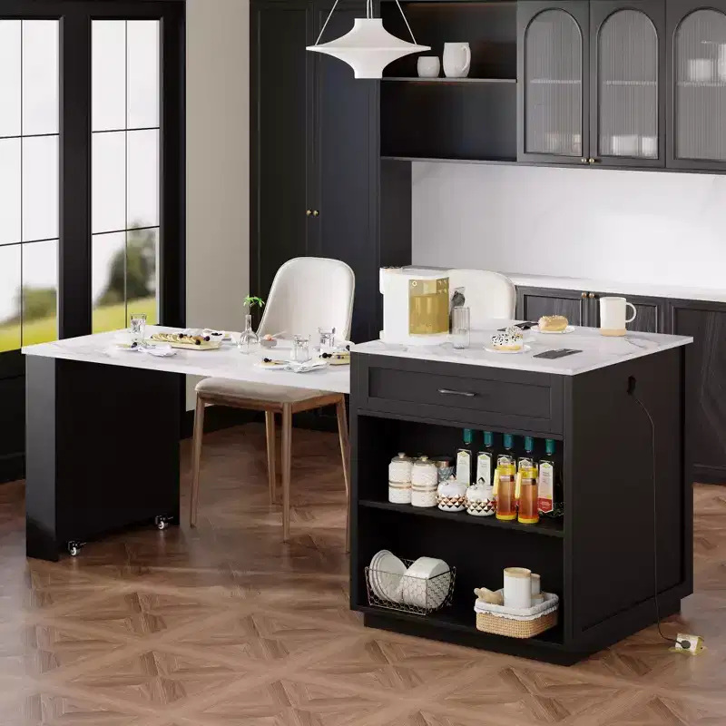 82.7 inch White Kitchen Island with Extendable Dining Table for 4-6 Person,Two-tone Kitchen Table with Double-sized Storage