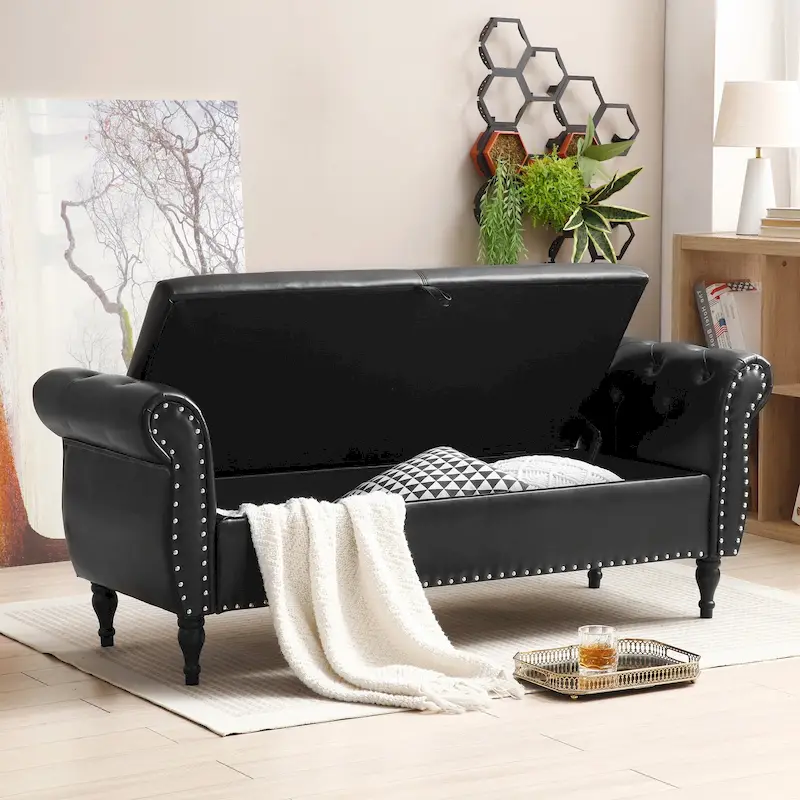 63 PU End of Bed Bench Flip Top Entryway Ottoman with 1 Pillow