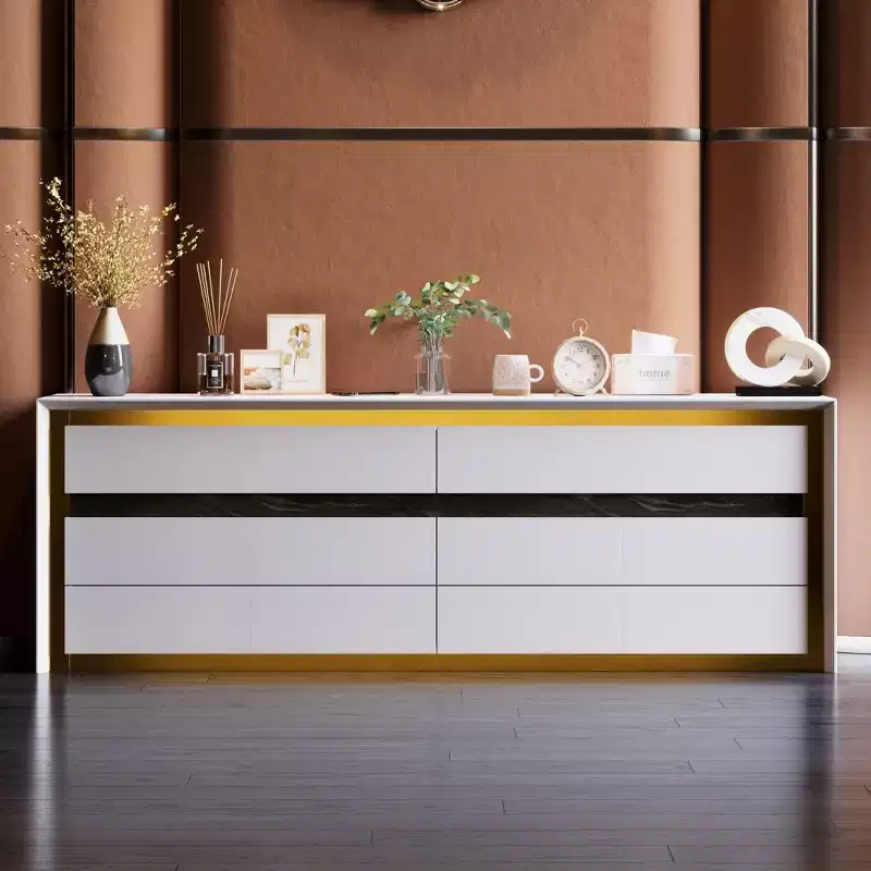 White Six Drawer Dressers Storage Cabinet Golden Inlaid Contemporary Style
