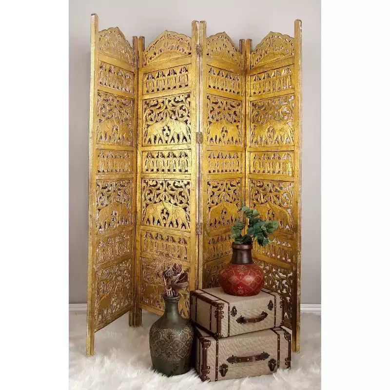 Traditional 4 Panel Fine Carved Room Divider Screen Gold - Olivia & May: Hand-Applied Foil, Artisan Crafted