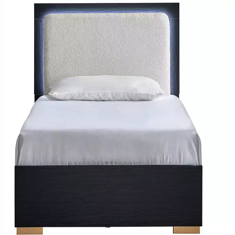 Passion Furniture Steeler Black and Gold Wood Frame Twin Panel Bed with LED Lighted Headboard