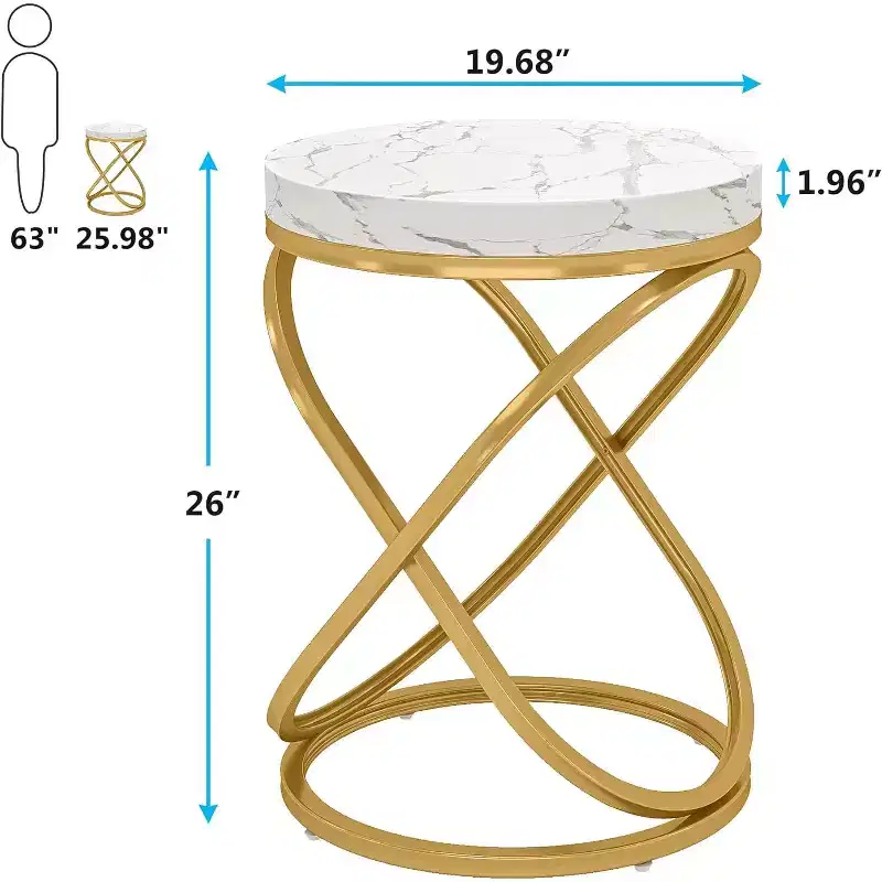 Lantine 26-Inch Round End Table with Engineered Wood Top and Double X-Shaped Metal Legs, Faux Marble Veneer Side Table for Living Room, Bedroom