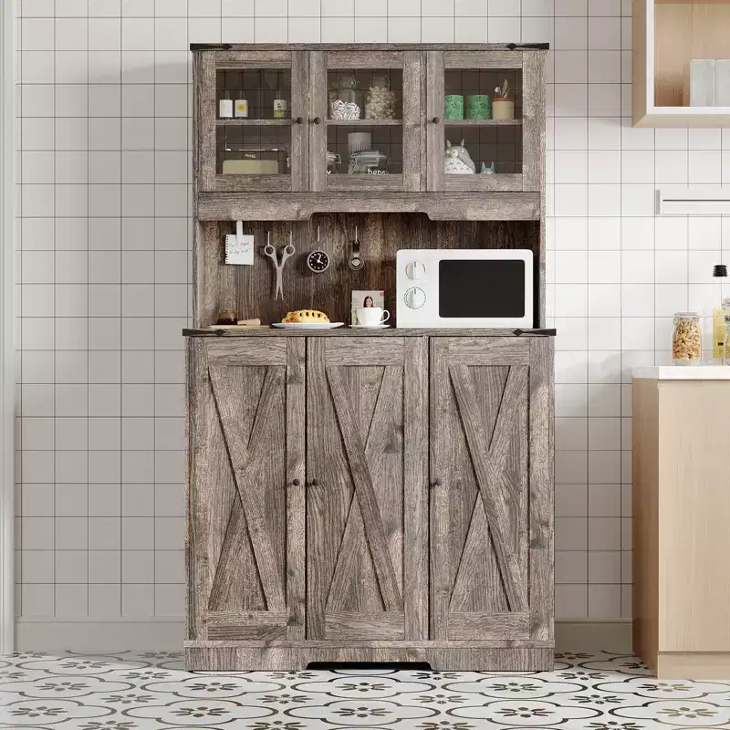 CuisinSmart 71'' Pantry Cabinet with Charging Station, Farmhouse Kitchen Hutch Storage Cabinet with Open Countertop for Living Room Dining Room,Brown