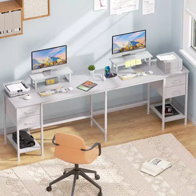 Qwatto 59 Inch White L Shaped Computer Desk with Charging Station Two Person Gaming Desk 4 Drawers 2 Monitor Stands Home Office Corner Workstation