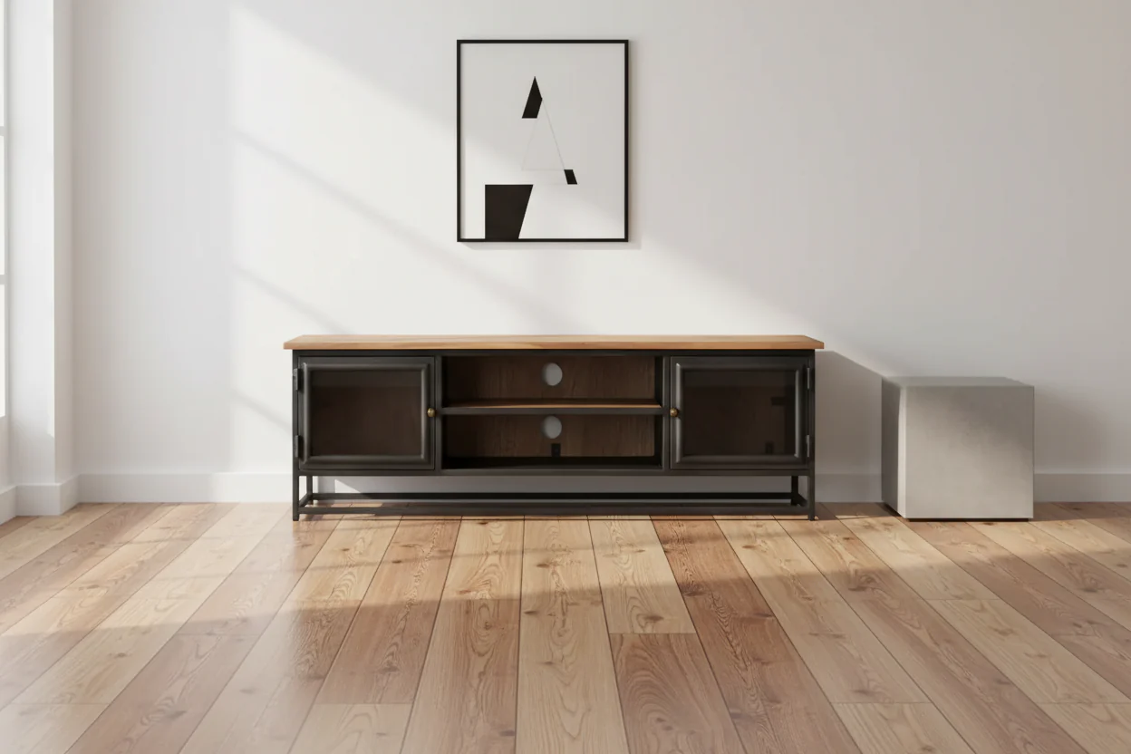 Industrial-Style Solid Acacia Wood TV Stand with Steel Legs - Entertainment Cabinet with Glass Doors and Ample Storage Space - Gray