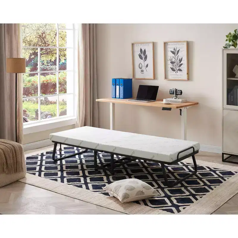 Kings Brand Furniture Franco Folding Bed  Portable Metal Frame with Locking Casters & High-Density Foam Mattress for Guest Room or Small Spaces
