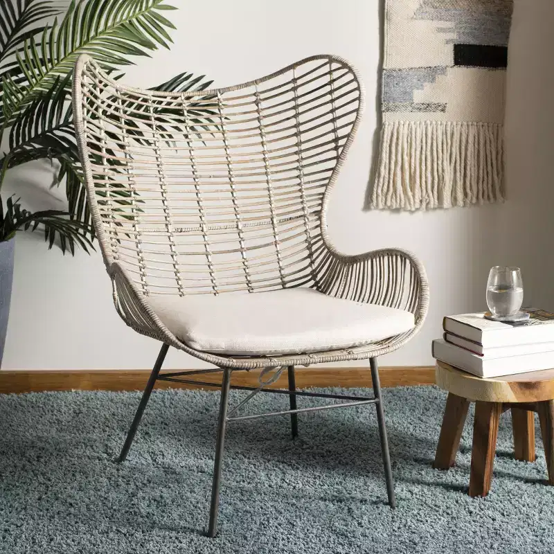 Rattan Wingback Accent Chair – White & Grey Wash