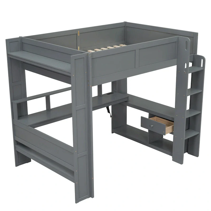 Full Size Loft Bed w/Desk,Multi-storage Shelves,LED,Charging Station