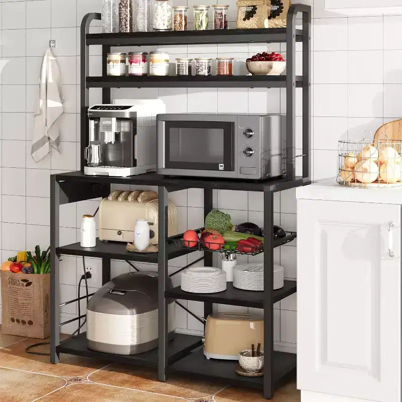 6-Tier Bakers Rack with Power Outlet, Large Microwave Stand Kitchen Utility Storage Shelf with Wire Basket, for Kitchen, Dining Room