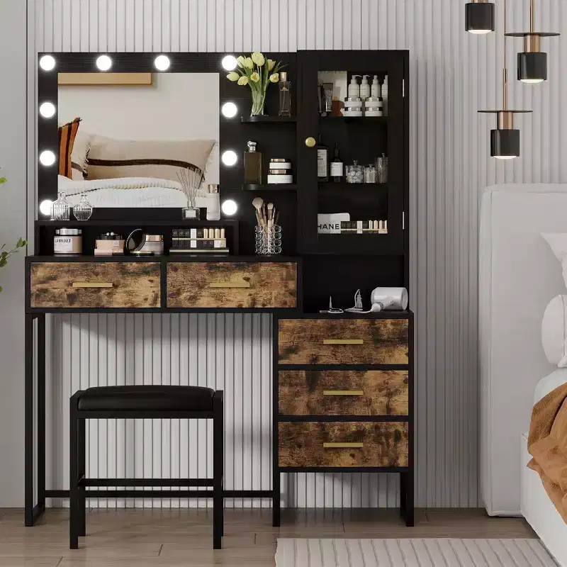COZONY Makeup Vanity with Upholstered Stool, Vanity Desk with Mirror and Lights, Vanity Table Set with Jewelry Storage, 5 Drawers and Shelves