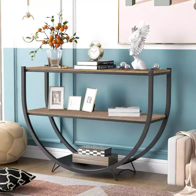 Demilune Shape Console Table, 48 Industrial Style Entryway Table with 3-Tier Open Storage Shelf, Wooden Sofa Table with MDF Desktop and Metal Frame