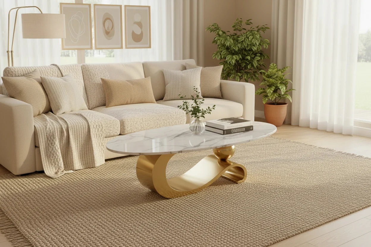 49-Inch Oval Coffee Table with Faux Marble Top and Stainless Steel Base
