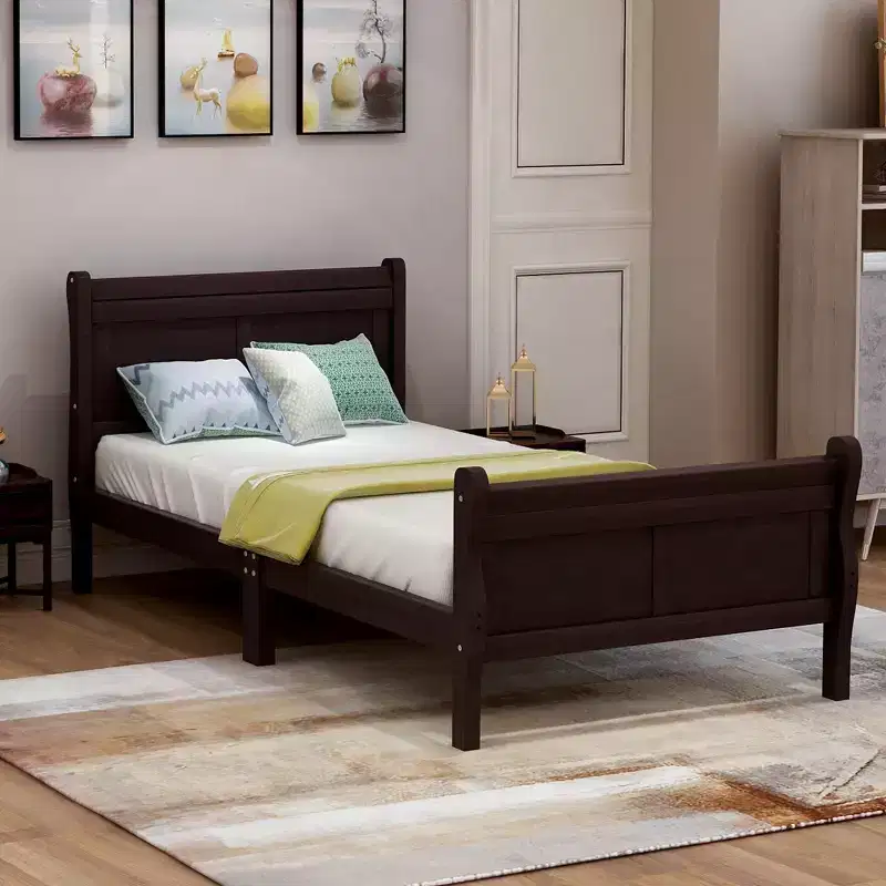 Wood Platform Bed Frame with Sleigh Design, Headboard, Footboard, and Sturdy Slat Support