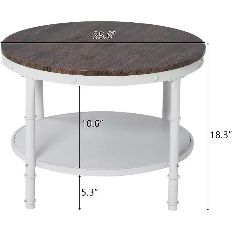 VINGLI 25.6 Dark Walnut White Round Farmhouse Coffee Table, 2-Tier Storage Wood Center Circle Accent Table for Living Room