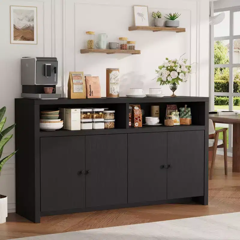 Buffet Sideboard with Storage, 4 Doors & Adjustable Shelves, 55'' Large Farmhouse Kitchen Storage Cabinet Wood Coffee Bar Cabinet for Kitchen