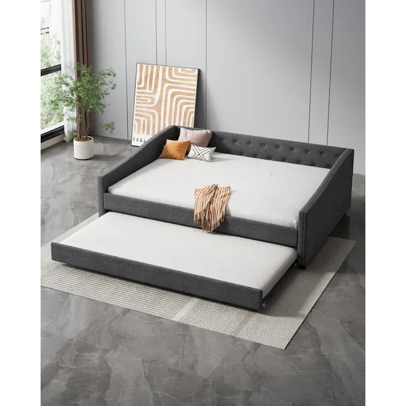 Twin Tufted Daybed Sofa with 2 Storage Drawers and Waved Arms, 500 lbs Capacity