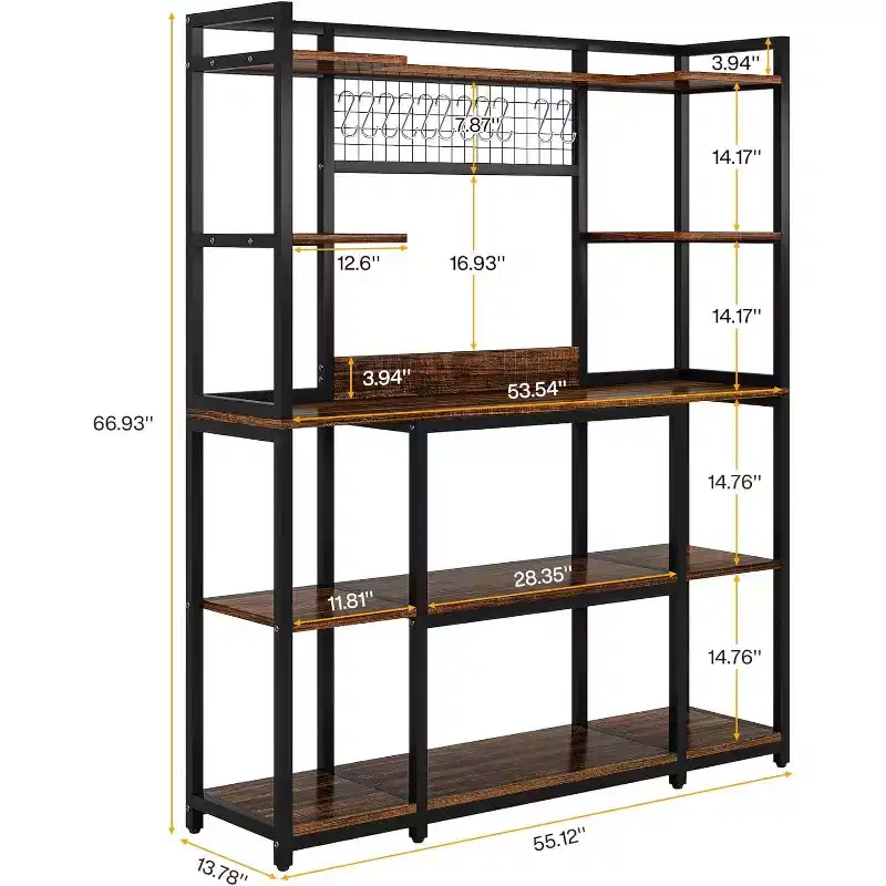 Lantine 55-Inch Kitchen Bakers Rack, 5-Tier Microwave Stand with Metal Frame, Large Coffee Bar Station with 11 Hooks, Rustic Brown