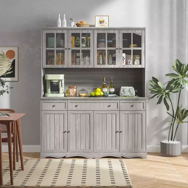 Gray Kitchen Pantry Cabinet Buffet Hutch with Glass Doors and Ornate Base Trim – 75.9