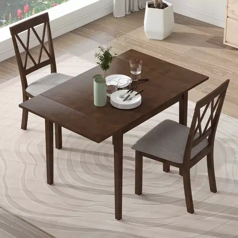Merax 3-Piece Extendable Drop Leaf Dining Set with Upholstered Chairs