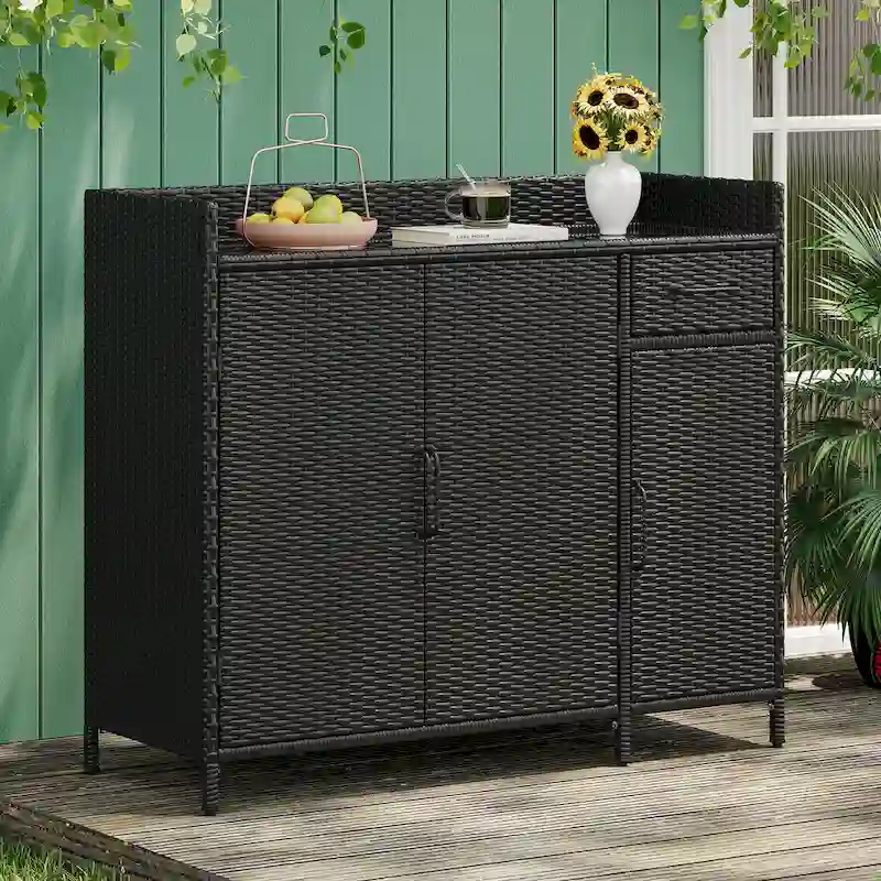 Wicker Outdoor Rattan Bar Table with Tempered Glass Desktop, Storage Cabinet and Drawer
