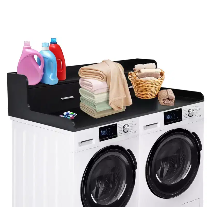2-Tier Washer Dryer Countertop with 2 Drawers,Wood Laundry Countertop with 2.75 H Edge Rails,Waterproof Washer Dryer Cover with Anti-Slip Pads