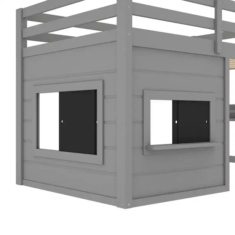 Kids Loft House Bed with Chalkboard | Twin/Full Wood Bed Frame with Play Space & Built-in Bookshelf | Cabin-Style Bunk for Boys & Girls