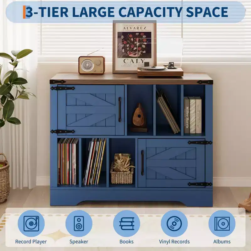 39 Farmhouse Vinyl Record Storage Cabinet with Barn Doors - Holds 450 Albums - Wood Turntable Stand & Media Console with 6 Storage Cubes