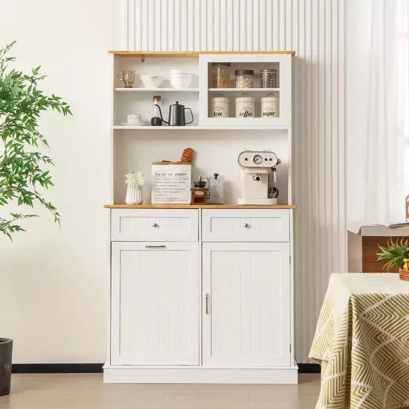 Wood Double Tilt-Out Trash Cabinet with Hutch