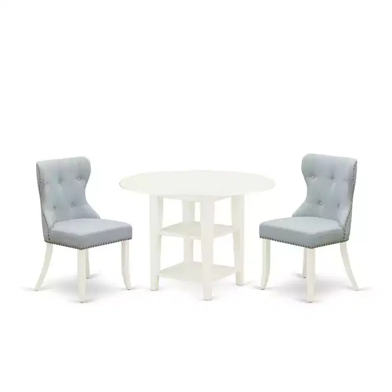 HomeStock 3-Pc Linen White Finish Solid Wood Top Dining Table Set