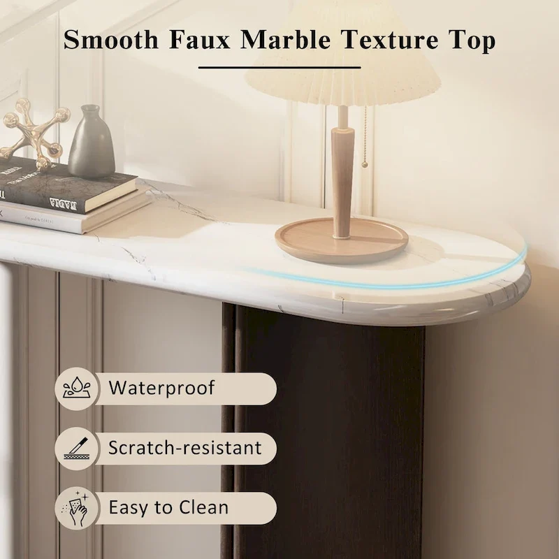 Oval Faux Marble Top Console Table Entryway Table, Narrow Sofa Table Hallway Accent Table with Triangular Base