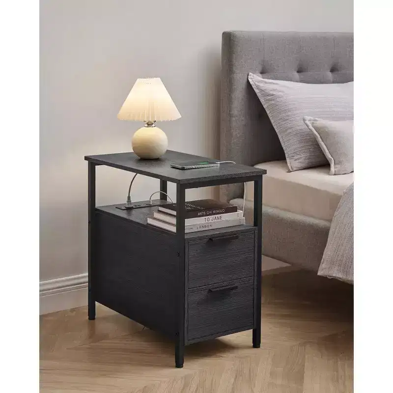 Side Table with Charging Station, Narrow End Table with 2 Drawers, Slim Nightstand and Bedside Table with Storage