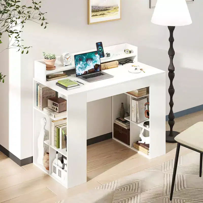 Costway 43 Home Office Desk with Power Outlets Monitor Shelf Bookshelf & Cable Hole