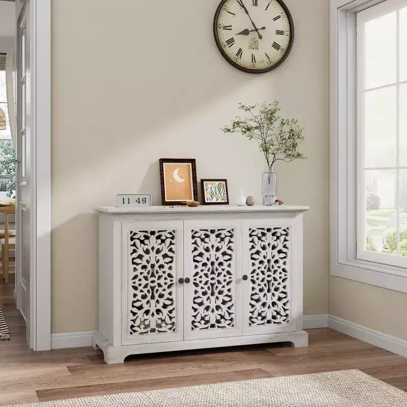 Sideboard Buffet Cabinet with 3 Hollow Carved Doors, Wooden Storage Console Table for Entryway Living Room Dining Room Kitchen