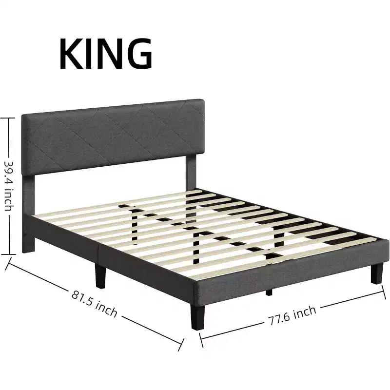 Bed Frame with Upholstered Headboard Wood Slat Support No Box Spring Needed