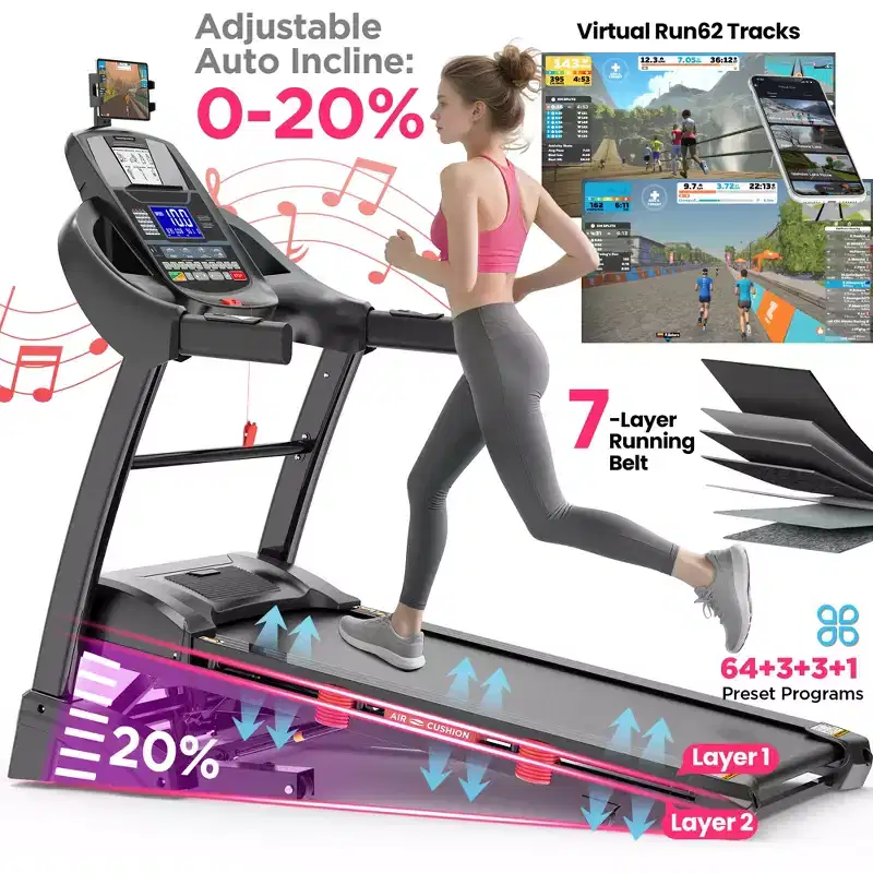 5HP Foldable Treadmill w/ 20% Auto Incline,400LB Treadmill for Home,Personalized App Control,71 Programs,12MPH Fast Speed for Varied Workout Intensity