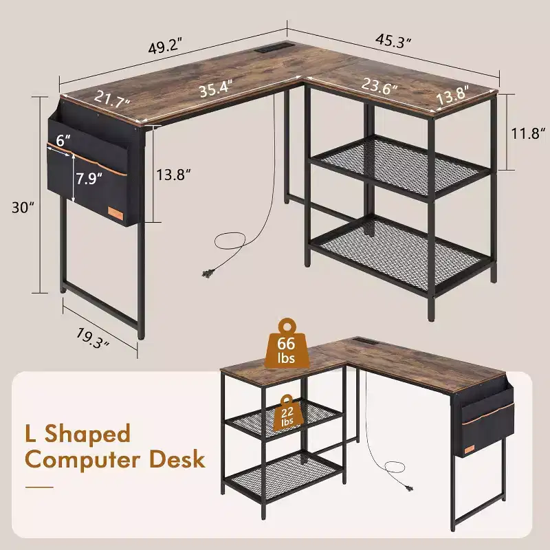 L-Shaped Corner Gaming Desk | 2-Tier Shelf & Storage Pocket | Brown