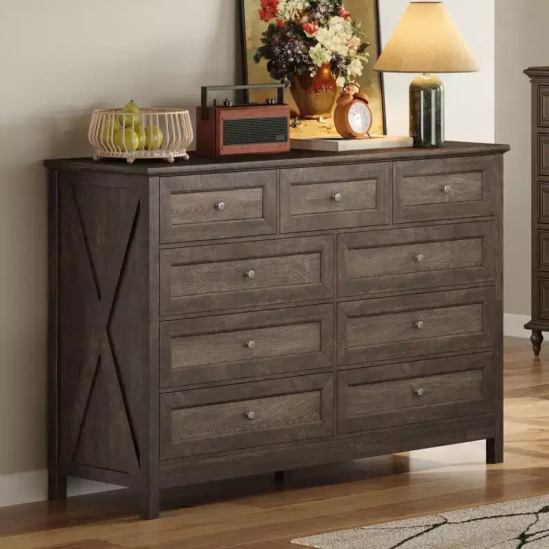 9-Drawer Rustic Bedroom Dresser with Silver Handle – Minimalist Wooden Chest of Drawers for Bedroom & Entryway