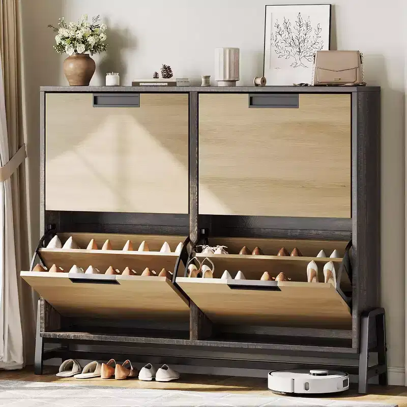 4-Drawer Flip Shoe Cabinet, Narrow Entryway Shoe Storage Organizer, Adjustable Shelf, Anti-Tip, Oak Wood, Minimalist Style