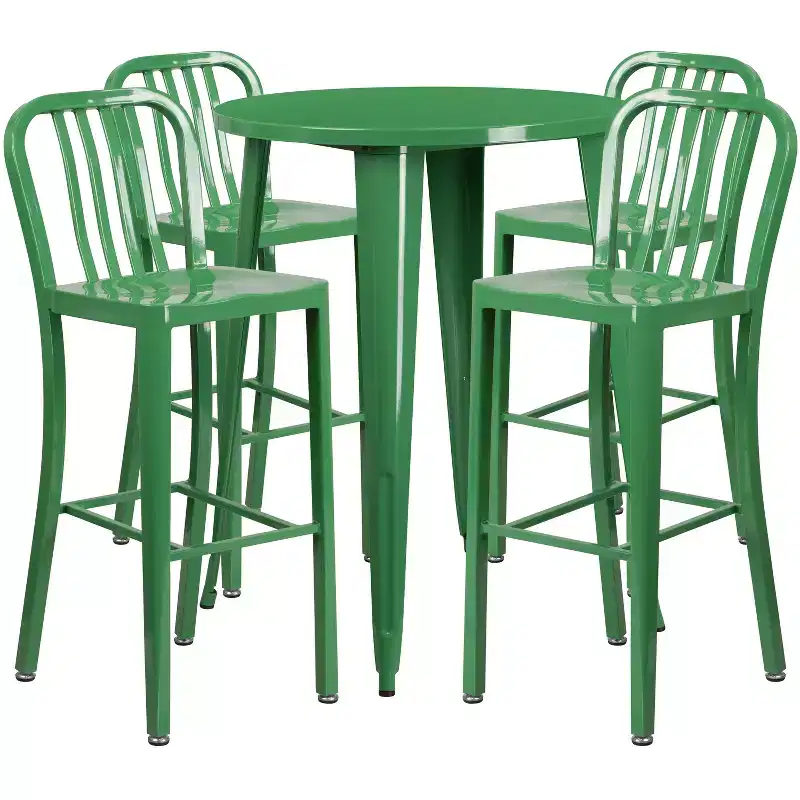 Flash Furniture Commercial Grade 30 Round Metal Indoor-Outdoor Bar Table Set with 4 Vertical Slat Back Stools