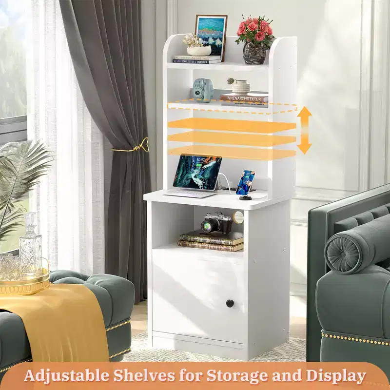 47 Adjustable Bookshelf with Hutch, Nightstand with Charging Station, LED Lights