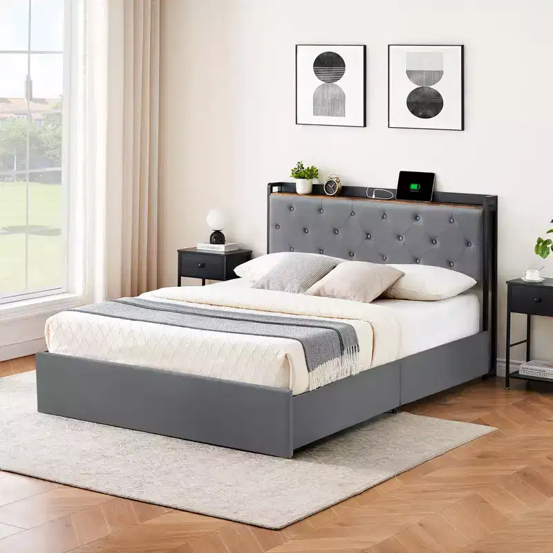 Grey Velvet Upholstered Platform Bed with Storage Drawers & Headboard Shelf – Full/Queen