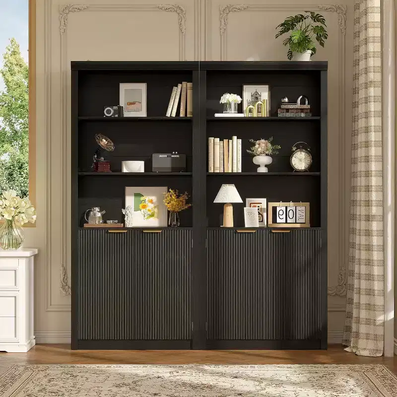 Tall Book Shelf and Bookcase, 31.5Wide Bookshelf with Drawer and Doors, Farmhouse Book Case with Storage, Wood Cabinet with 5 Tier Display Shelves