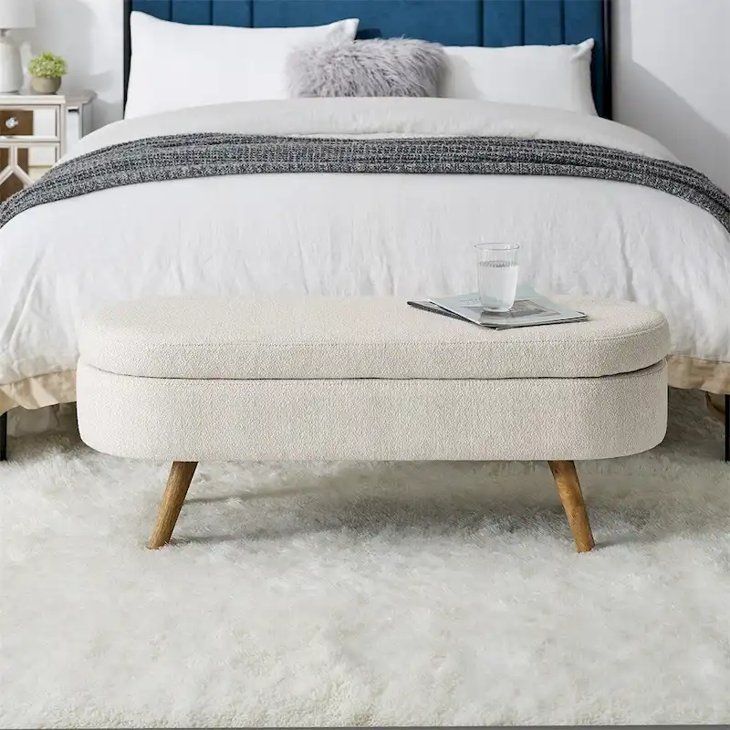 Bed Stool Oval Storage Bench, Rubber Wood Legs - Beige