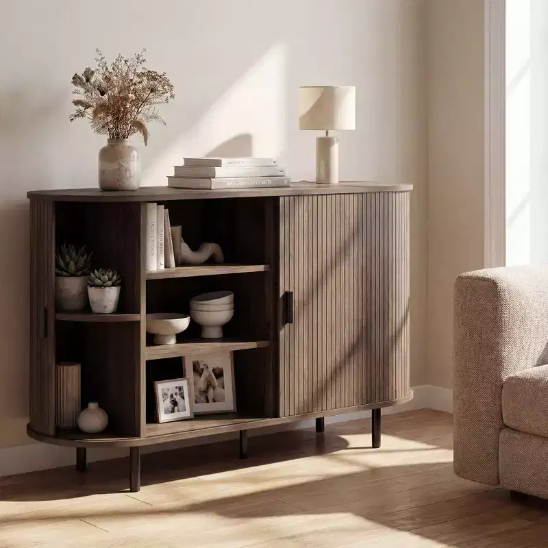 Costway 47 Fluted Sideboard Buffet Cabinet Coffee Bar Console Table with Metal Legs Brown/Gray
