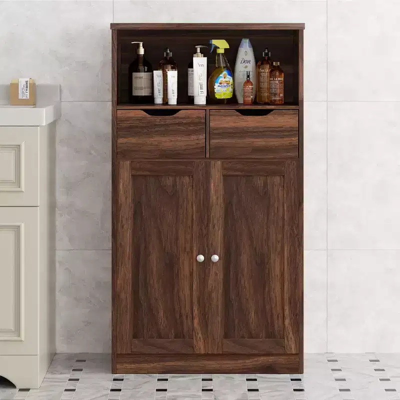 Freestanding Floor Bathroom Storage Cabinet with Doors, Drawers and Adjustable Shelf