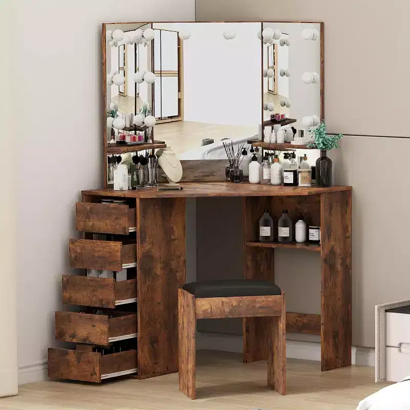 Wood Corner Vanity Desk with 3-Fold LED Mirror, 5 Drawers and Bench