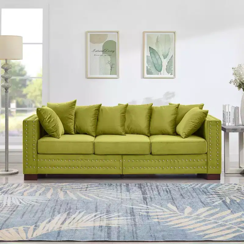 60.5 Inch Modern Three-Seater Sofa with Silver Nails, Square Armrest, Upholstered Velvet for Living Room, Green