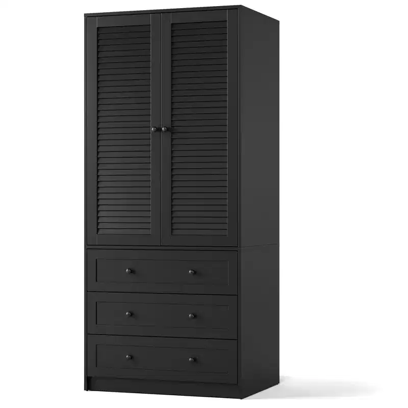 Armoire Wardrobe Closet with Drawers, 69.5 in Wooden Wardrobe Cabinet with Hanging Rod, 2 Doors Clothing Storage Cabinet
