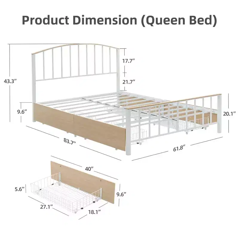 Triangle Plate Bed, Heavy-duty Steel Slats Support, 4 Drawers with 6 cu ft Storage, Anti-scratch & Noise-free Design